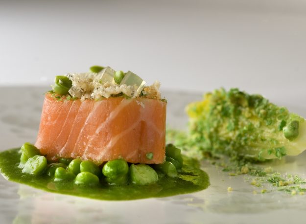 3-Claude Bosi_Confit Glenarm Salmon, New Season Peas, Wasabi & Baby Gem