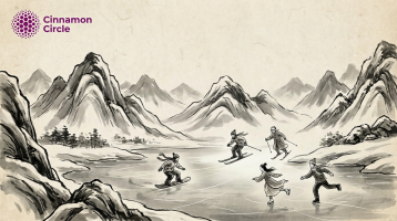 a drawing of chinese winter tourists